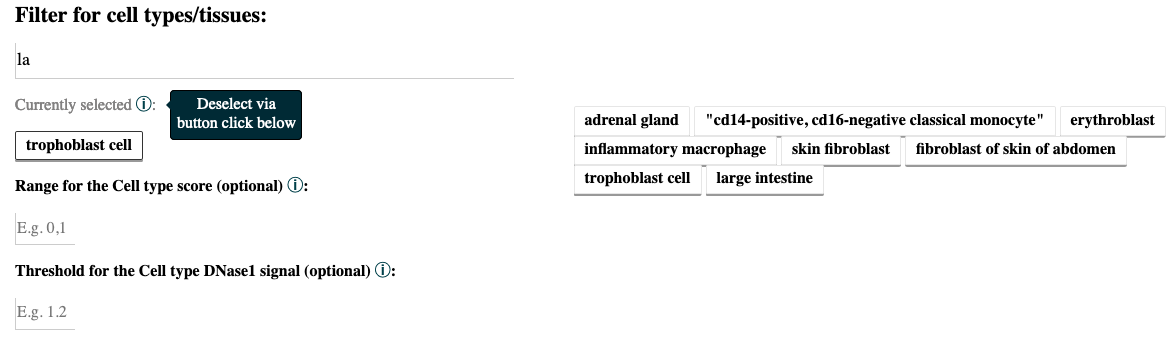 Cell type/tissue selection